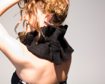 Knit black scarf knit cowl knit neckwarmer with ruffles