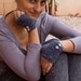 knit fingerless gloves , mittens in blue with buttons