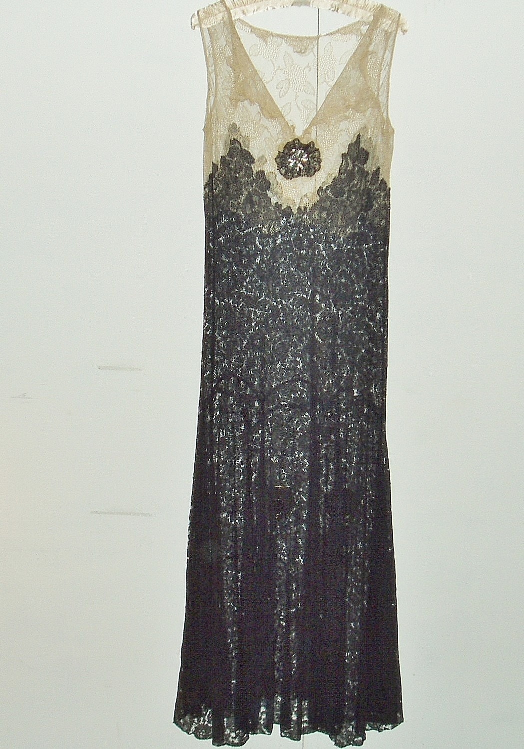 1920s 30s Antique Black Drop Waist Lace Dress