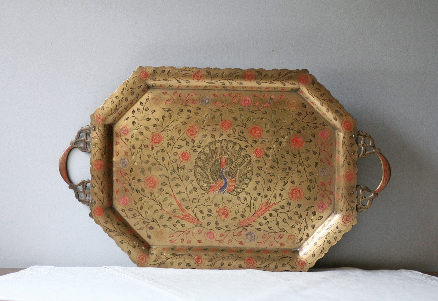 vintage rectangular solid brass tray with peacock by ModishVintage