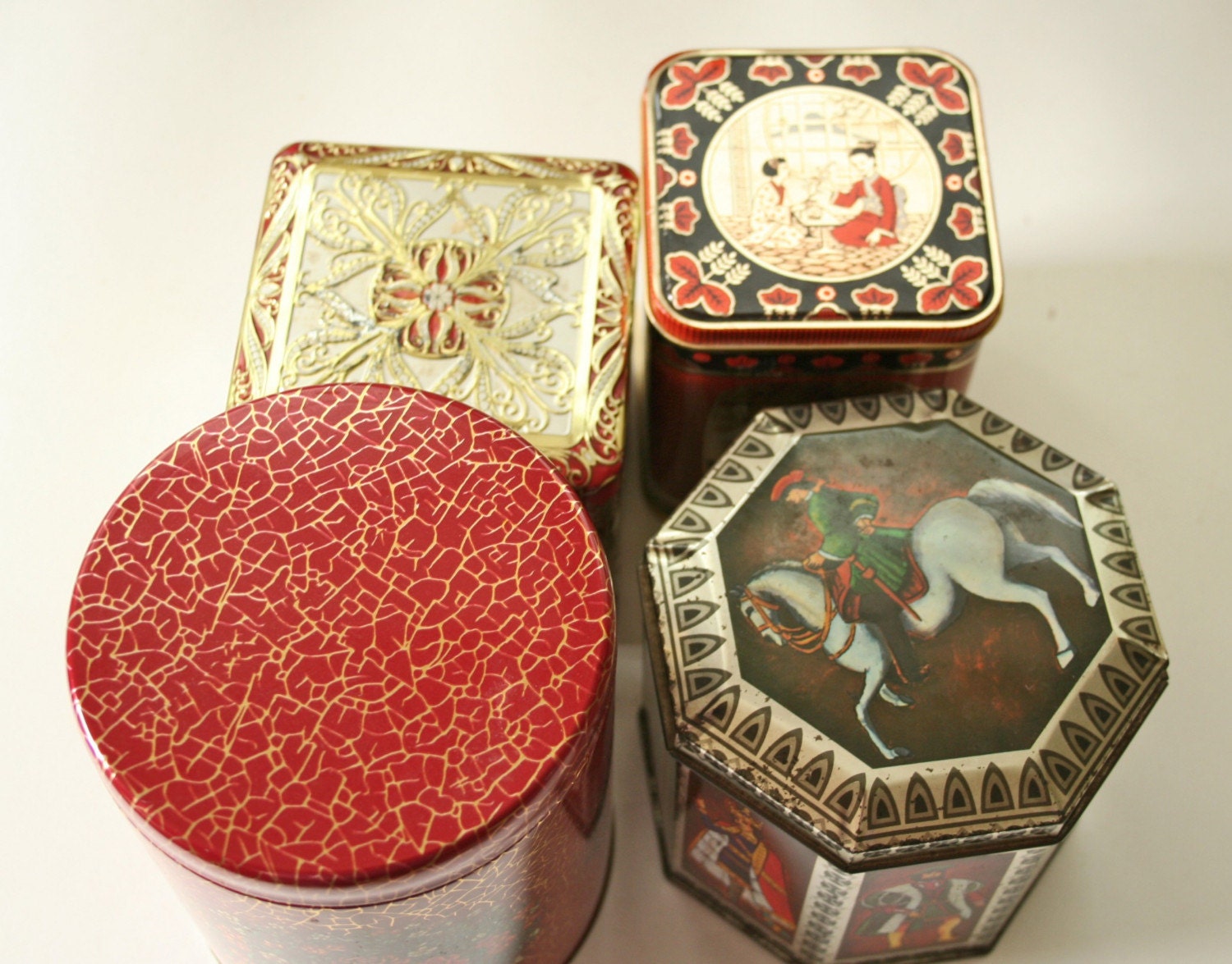 Set Of 4 Vintage Decorative Tins Dark Red And Black   Il Fullxfull.87424578 