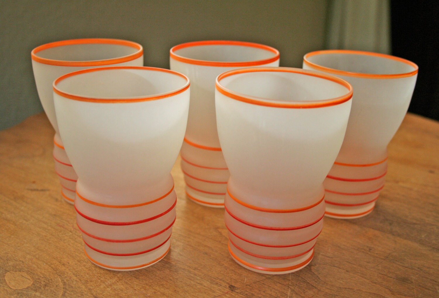 set of 5 frosted white with orange stripes drinking glasses