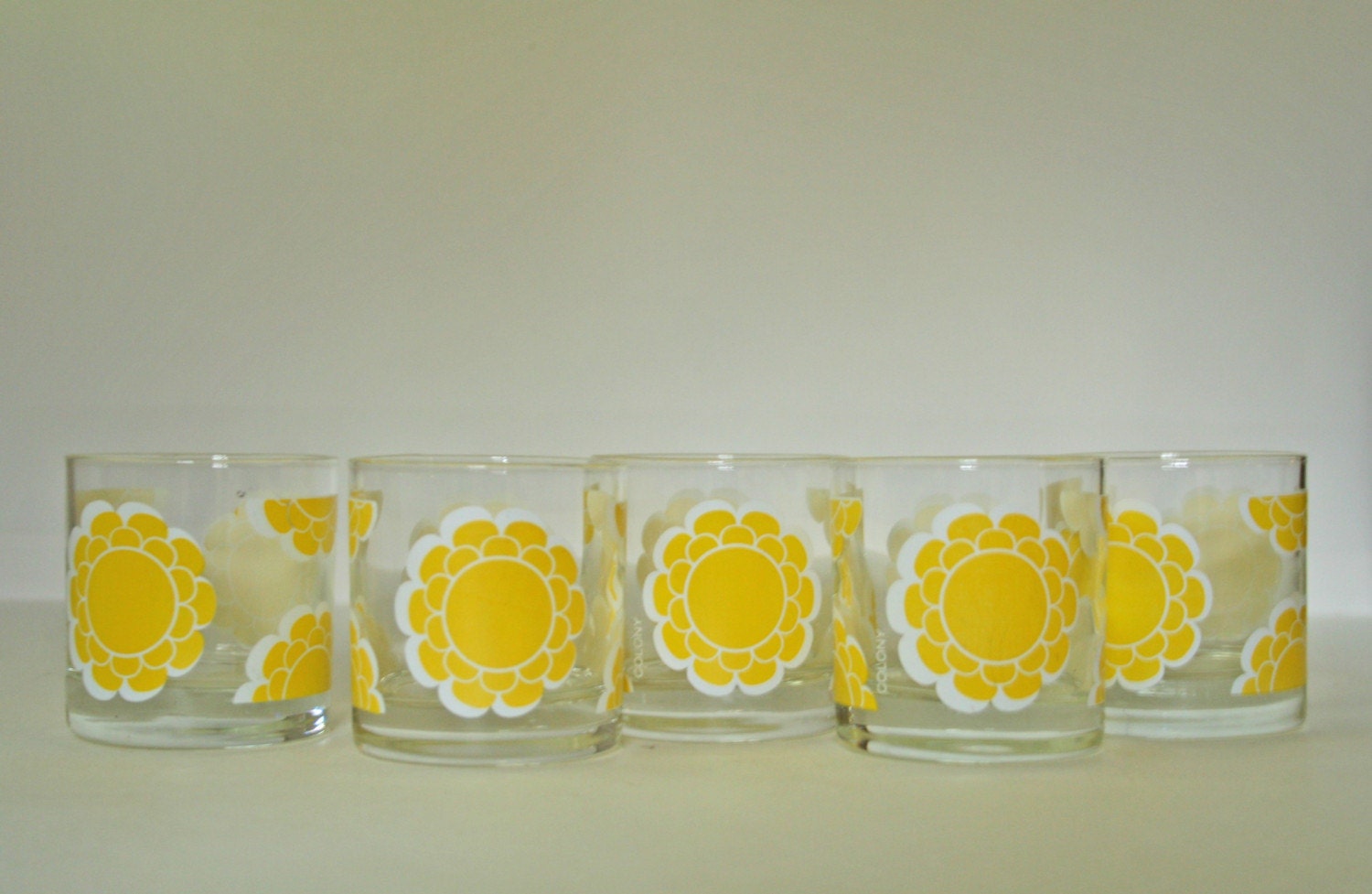 vintage yellow flower drinking glasses and decanter set in