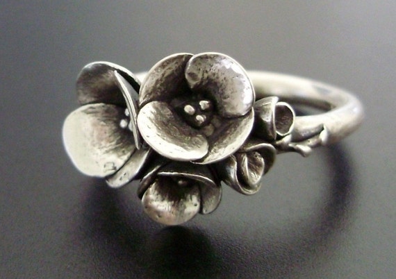 A Tiny Bouquet of Poppies - Handsculpted, Cast Sterling Silver Ring - READY TO SHIP (Sizes 6 to 7.5)