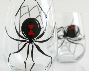 Black Widow Spider Halloween Glasses - Set of 2 Hand Painted Stemless Wine Glasses