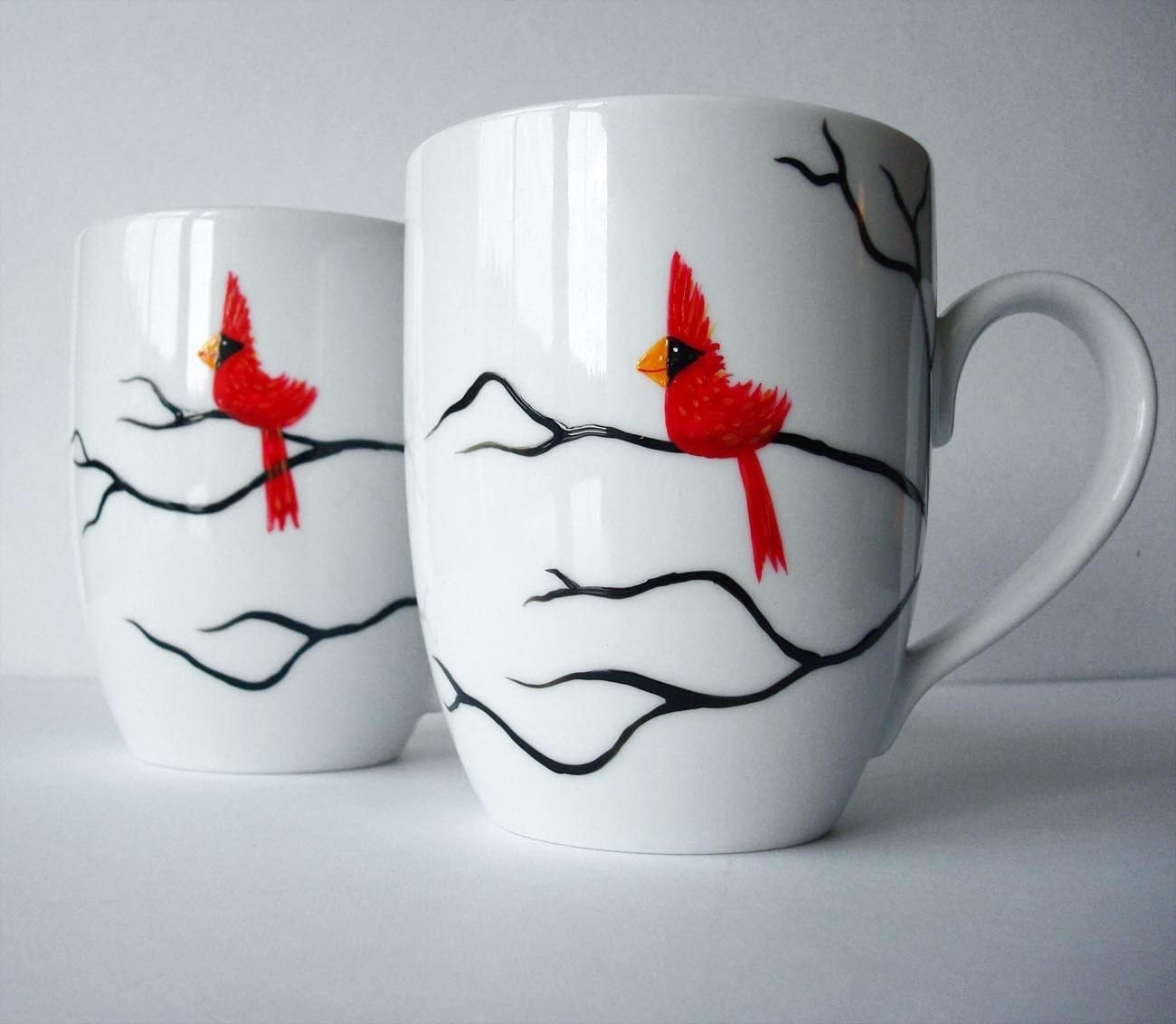 Christmas Cardinal Mugs Set of 2 Hand Painted Red Bird