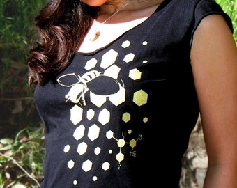 Bee Shirt, Science Shirt - Science Gift, Vegan T Shirt, Honey Bee Black and Gold Scoop Neck Tee - Bee Scientific Women's Tshirt