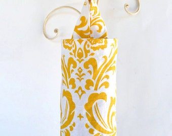 Fabric Plastic Grocery Bag Holder Dispenser Light Mustard Yellow and Cream Swirls Cloth