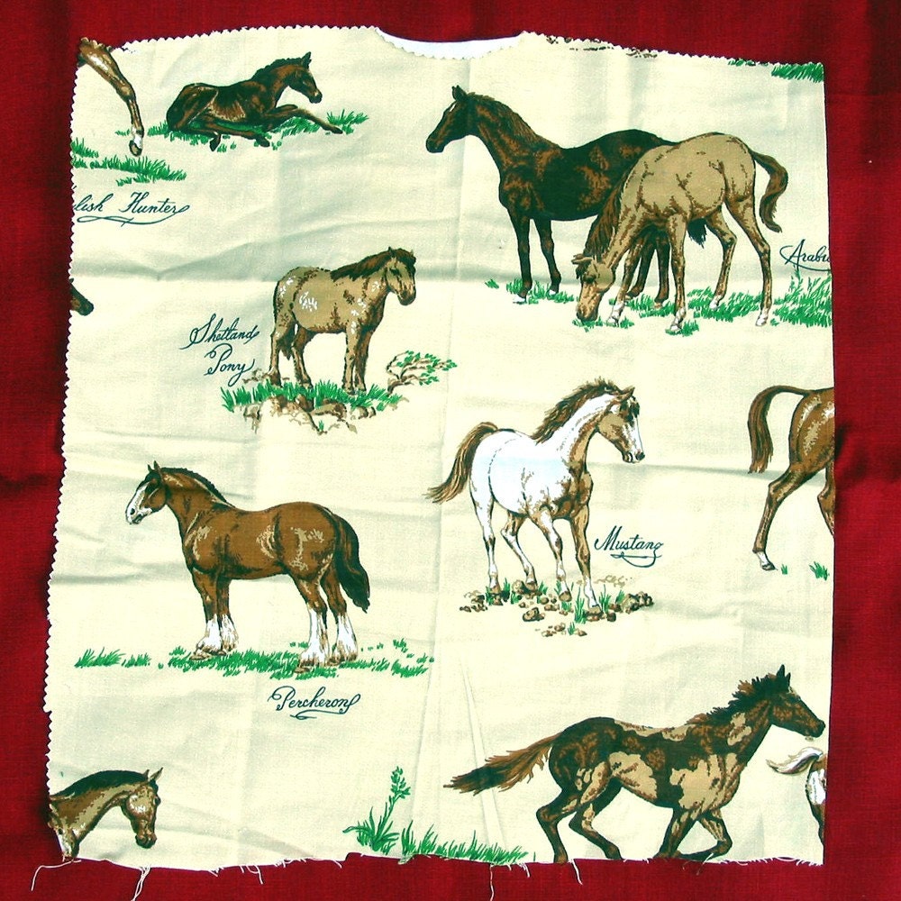 Vintage Horse Cotton Fabric mustang shetland arabian