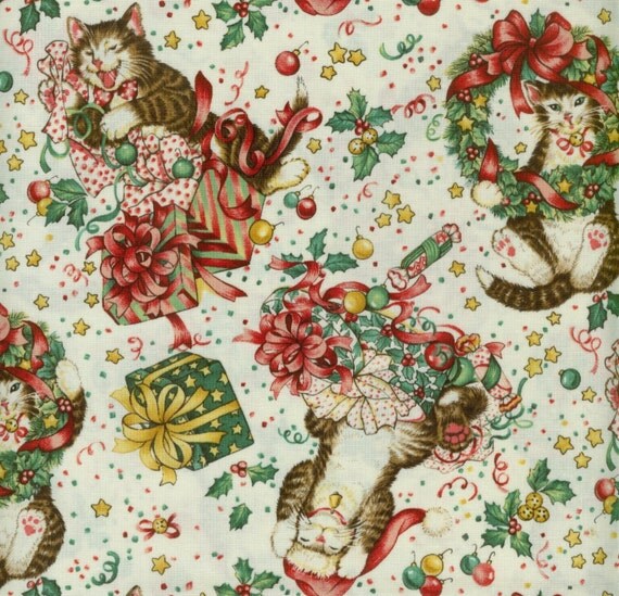 CHRISTMAS CAT FABRIC JOYS OF CHRISTMAS ON BEIGE from ROBERT