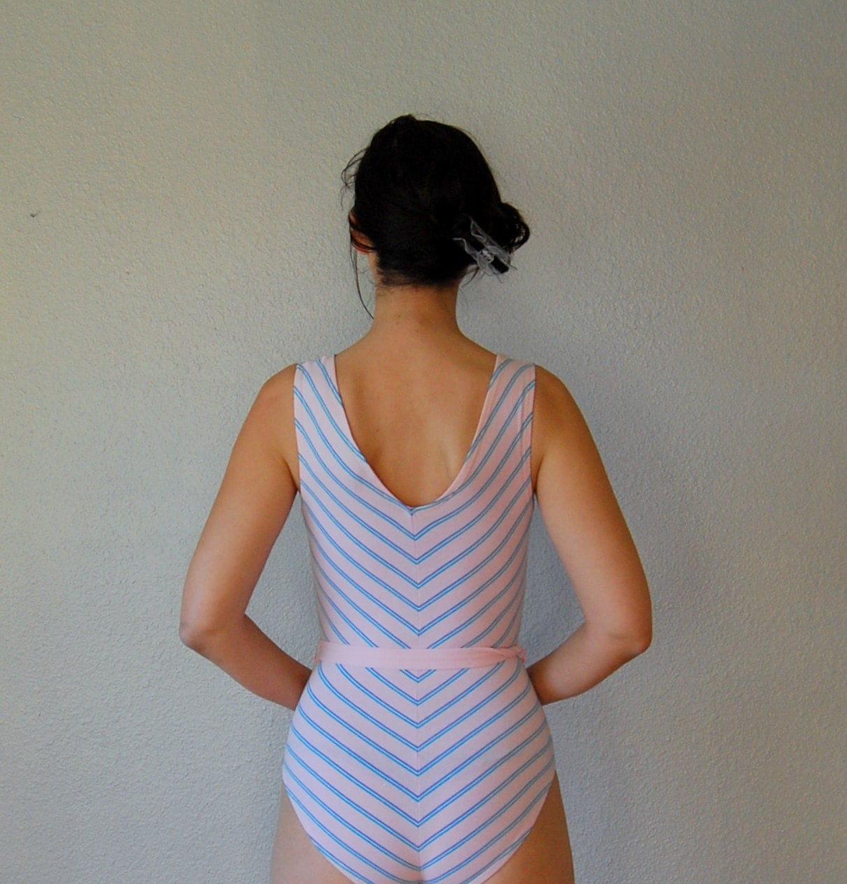 80s Jazzercise Leotard V Neck Chevron Striped Stretch Onsie