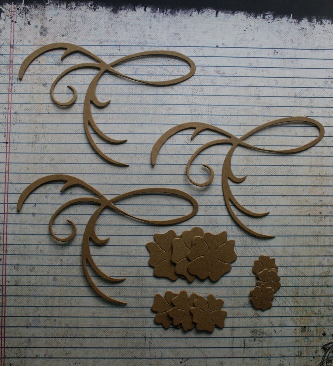 3 Bare chipboard die cuts large swirl flourish with 3 separate