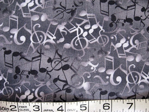 1 Yard Music Notes Black Gray On White Quilt Fabric