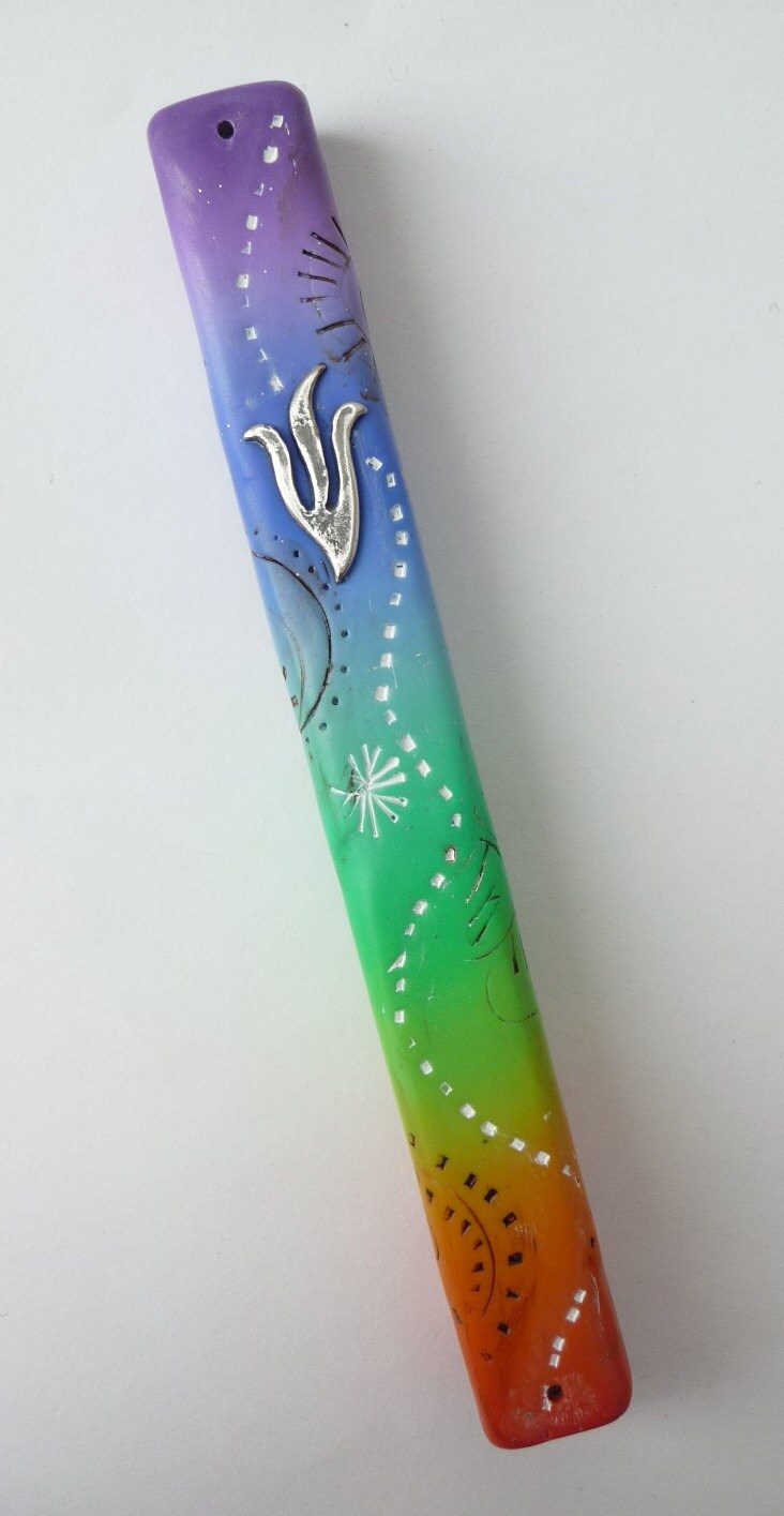 Rainbow Mezuzah Polymer Clay Fimo Stamped Mezuza Judaica