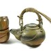 Wood Fired Pottery Teapot Set w Cane Handle / Handmade Ceramic Wheel Thrown Porcelain Stoneware Clay Teapot and Tea cups / Ready to Ship