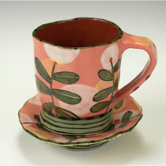 Items similar to Espresso Cup and Saucer Set, Salmon with Hovering Leaf. Handmade by Nancy