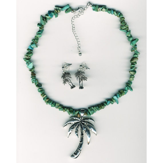 Turquoise Palm Tree Necklace and Earring Set