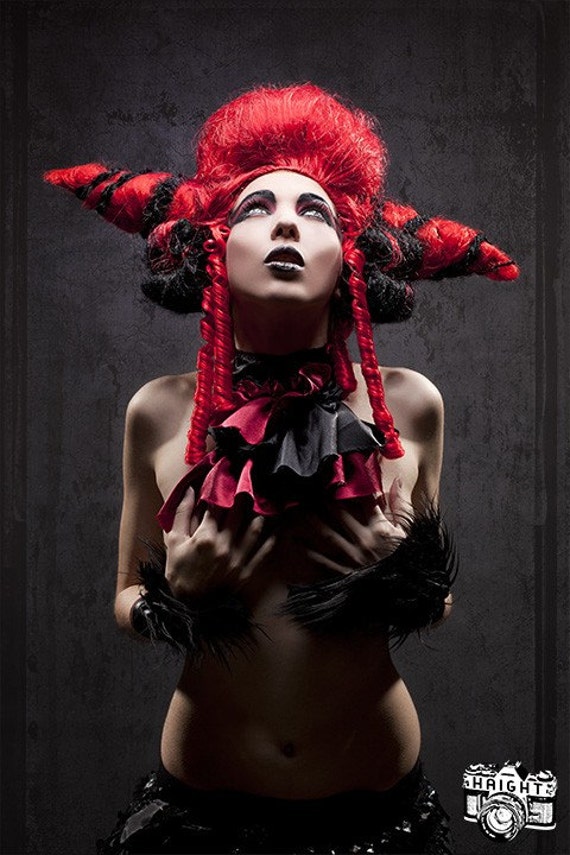 Halloween Costume Wig Victorian Queen of Dark Hearts blood red black with spiral curls horns by Hair Nurse Lana Guerra