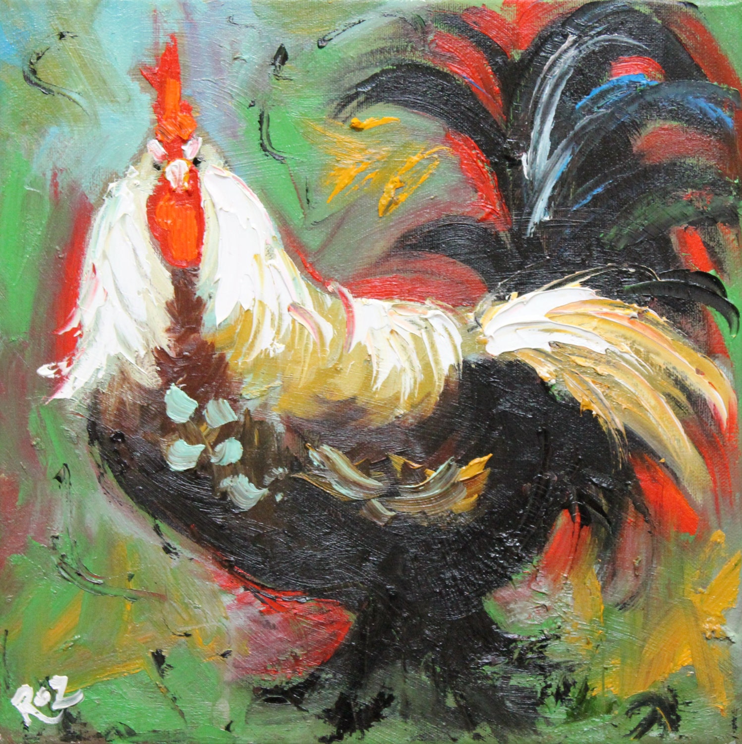 Rooster 479 10x10inch Print Of Oil Painting By Roz By Rozart