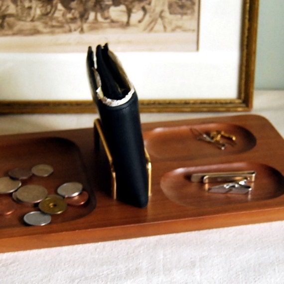 Vintage Walnut Wood Men's Dresser Tray Valet or Organizer