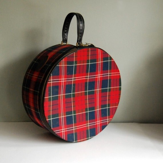 Vintage Red Plaid Hat Box Carrying Case Luggage by Lark