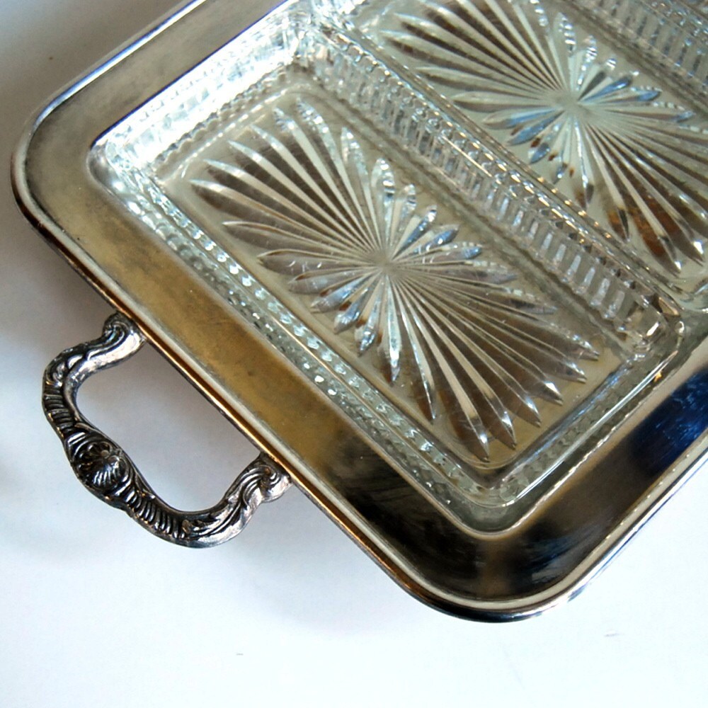 Silverplate Leonard Vintage Serving Tray with Glass Inserts
