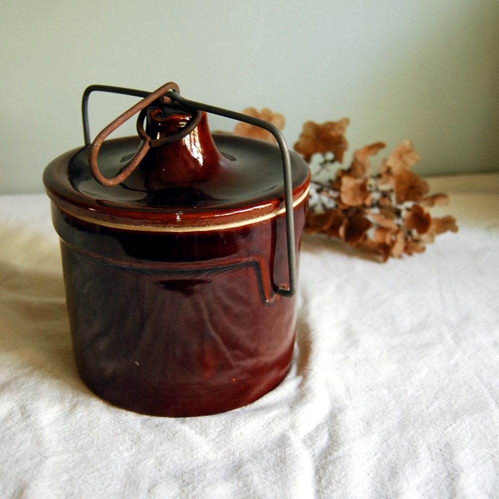 Vintage Stoneware Cheese Crock with Wire Bail Rustic Home