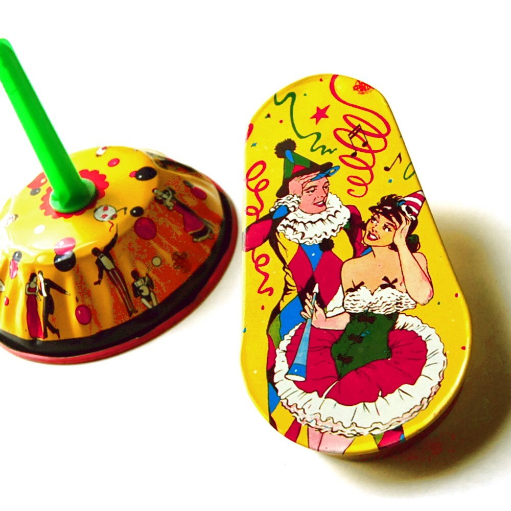 Vintage Toy Noisemakers 1950s Tin Litho Set of Two Noise