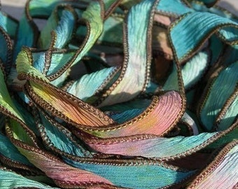 Hand Dyed Silk Ribbon Qty 5 Bracelet Wraps, SUMMER SIZZLE Watercolor Strings Crinkle Silk Ribbons Handmade Ribbons for Jewelry and Crafts