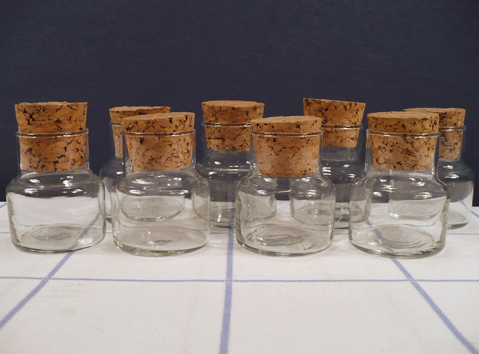 8 Vintage Clear Glass Cork Spice Jars Set Lot Bead Storage