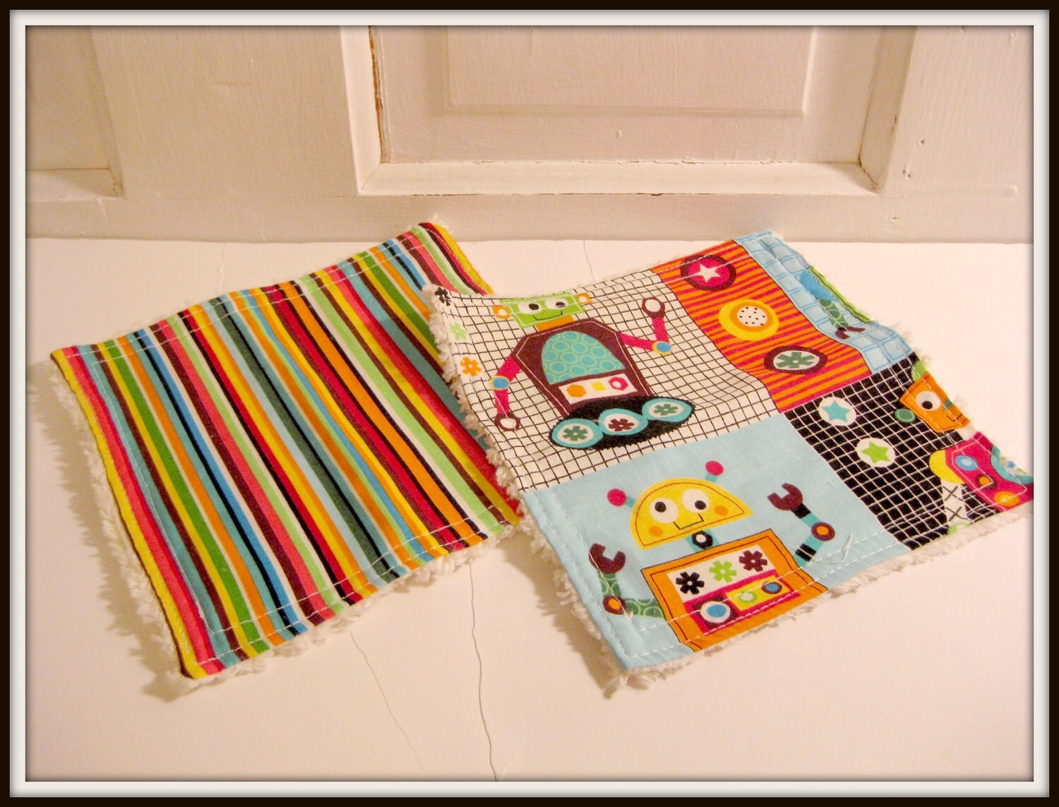 Robots Baby Gift Basket Burp Cloth Bib Rattle Block Wash