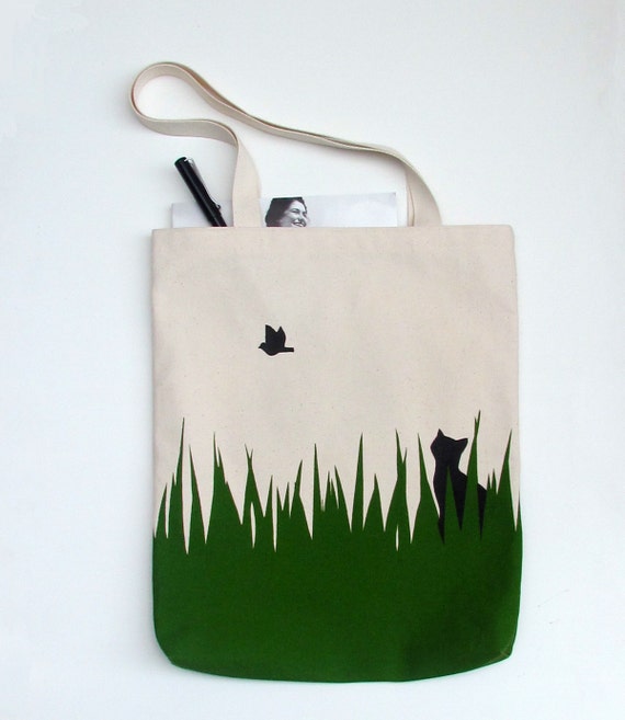 Items similar to Cat and bird screen printed canvas tote bag on Etsy