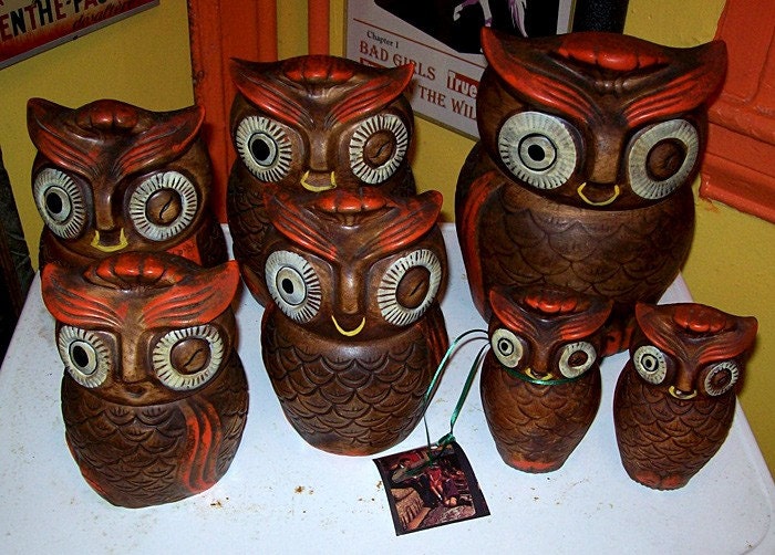 vintage owl canister set with extras