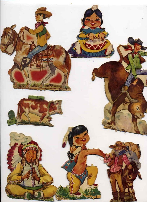 Vintage Ephemera Cowboys and Indians Cardboard Cut Outs
