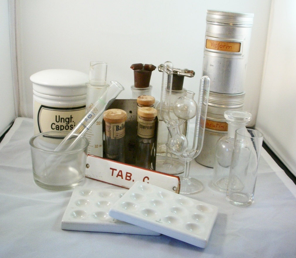 Vintage Apothecary Laboratory Equipment Glass and Porcelain
