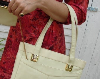 Vintage Lou Taylor Cream Leather Handbag