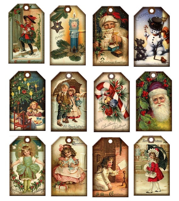 Christmas Vintage ArT Hang/Gift Tags Santa Claus Candy Cane