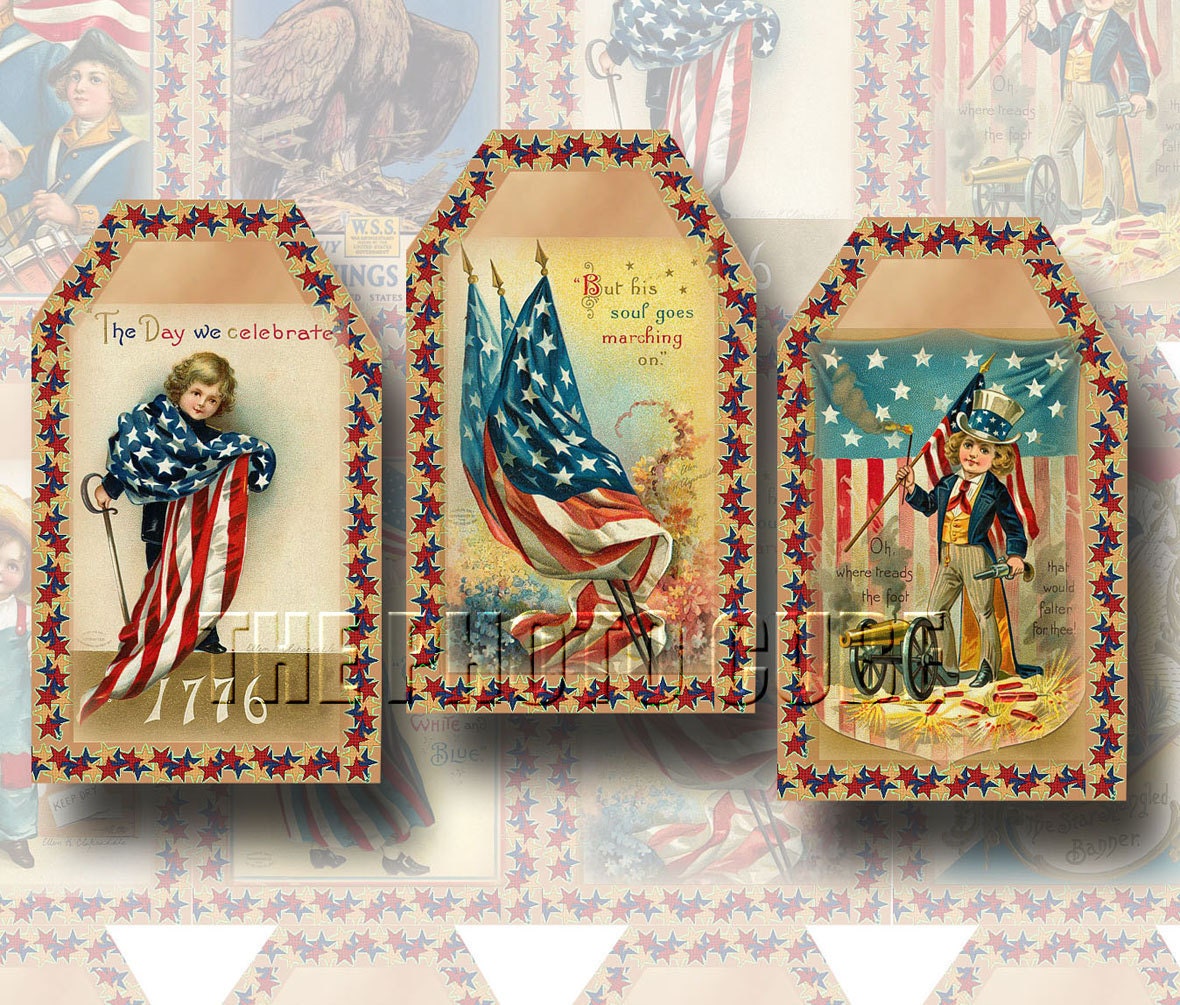 Set Of 12 Patriotic Americana Vintage Art Gift/Hang Tags