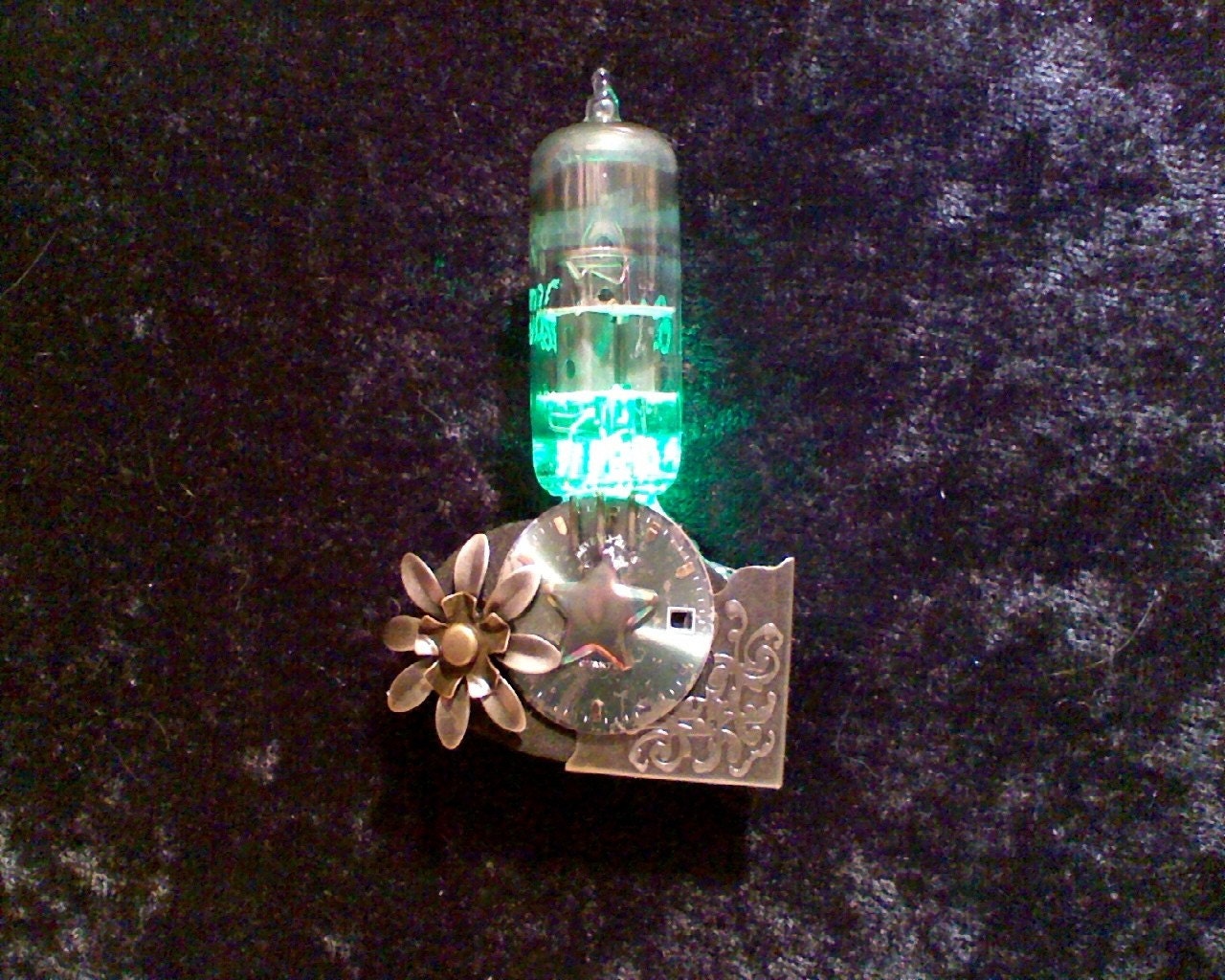 Steampunk light up vacuum tube assemblage pin green watch