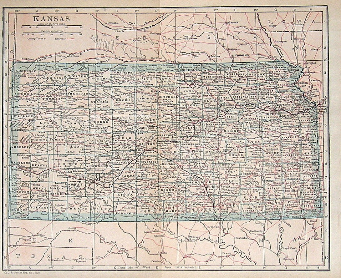 1925 State Map of Kansas Colored Vintage Map