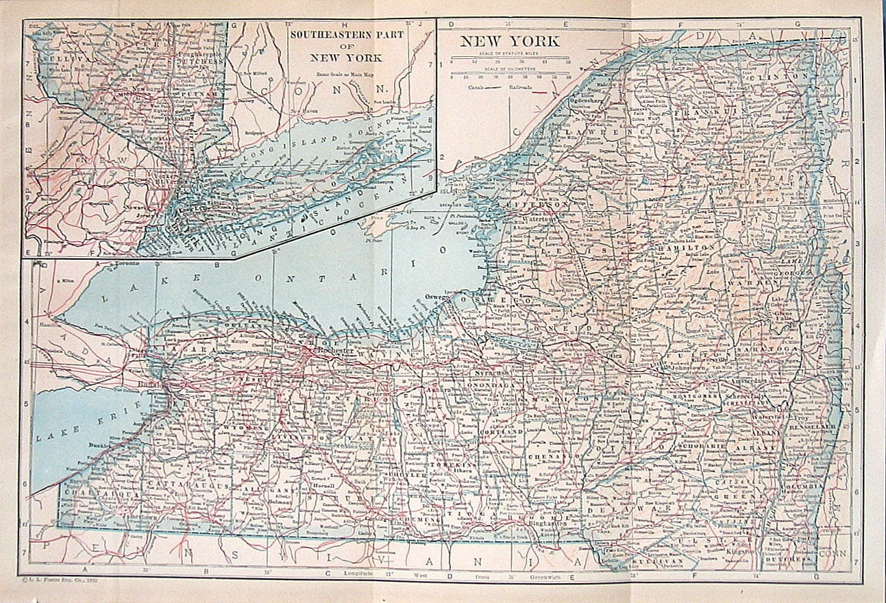 Vintage State Map of New York 1925 from USA Maps Book