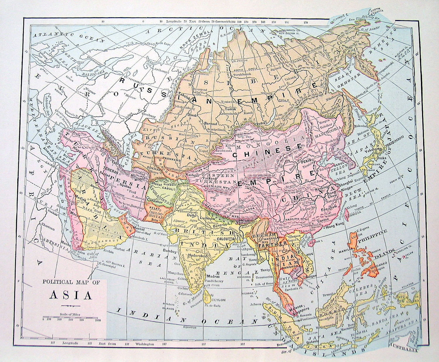 Political Map of Asia 1889 Antique Map by mysunshinevintage