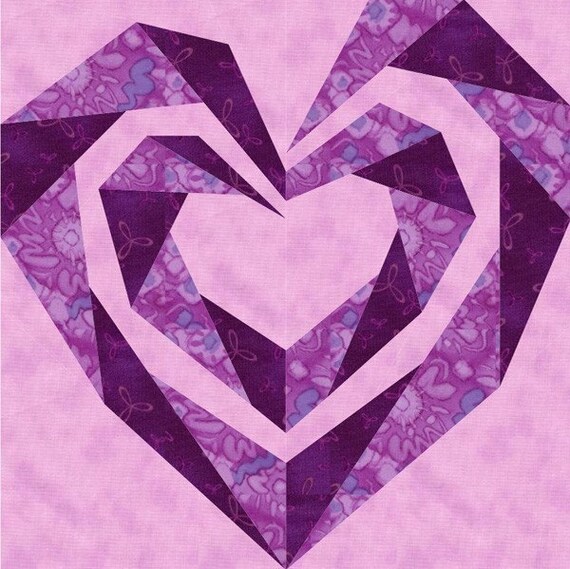 Paper pieced Twisting Spiral Heart block pattern PDF format