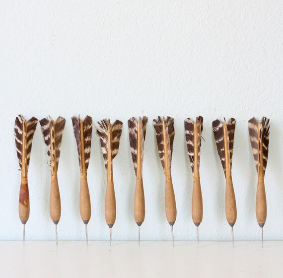 Vintage Wooden Feather Darts Set of 9
