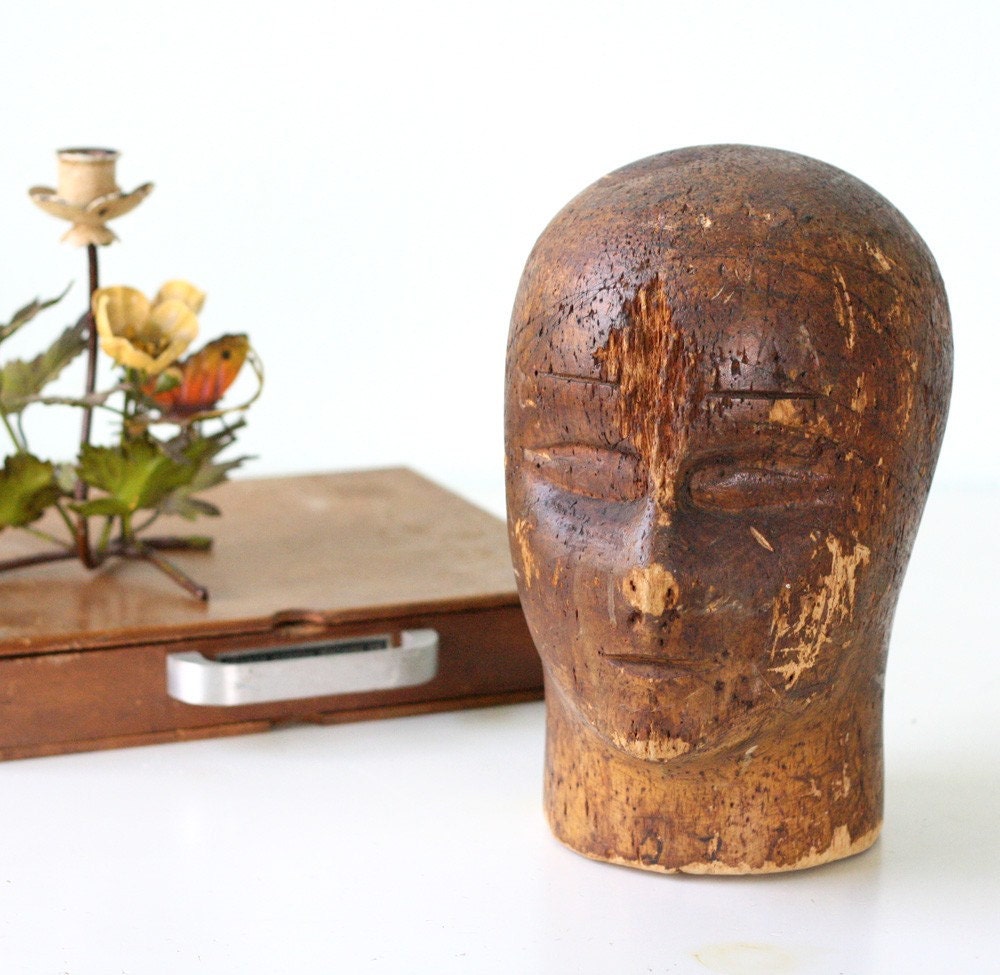 Vintage Carved Wooden Head Form