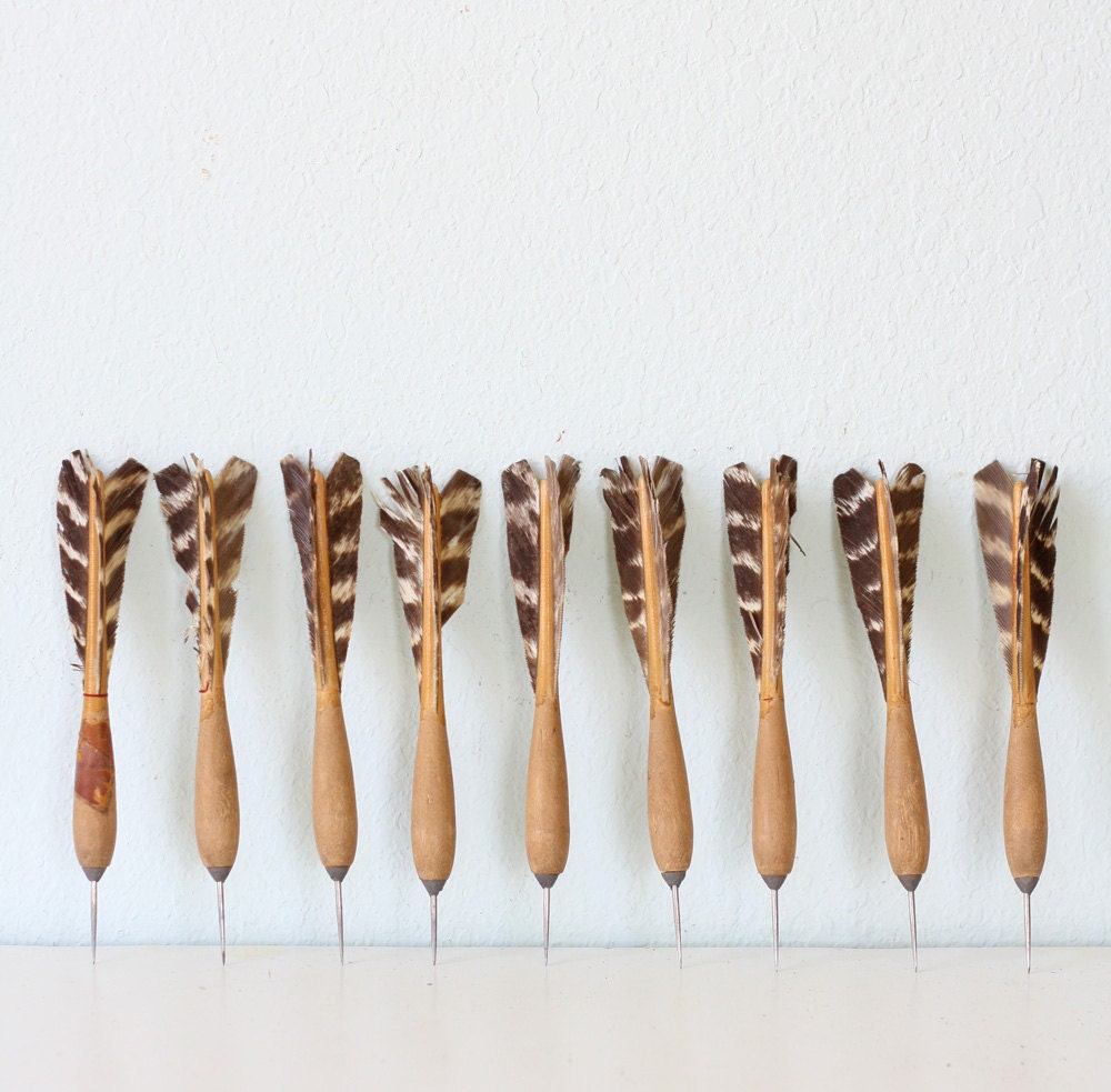 Vintage Wooden Feather Darts Set of 9