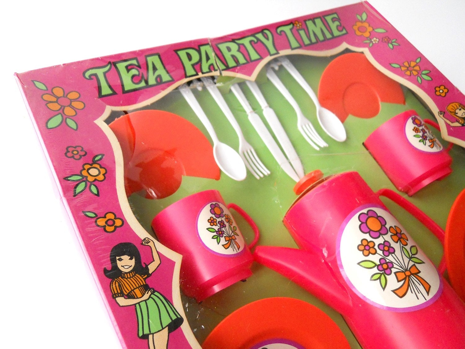 Vintage TEA PARTY TIME Children Toy Plastic Toy Tea Set