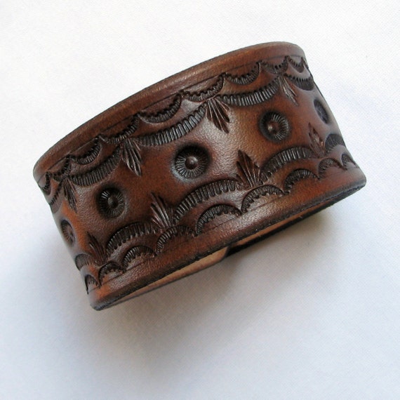 Cuff Bracelet Leather Wide Brown Tooled Leather by aosLeather