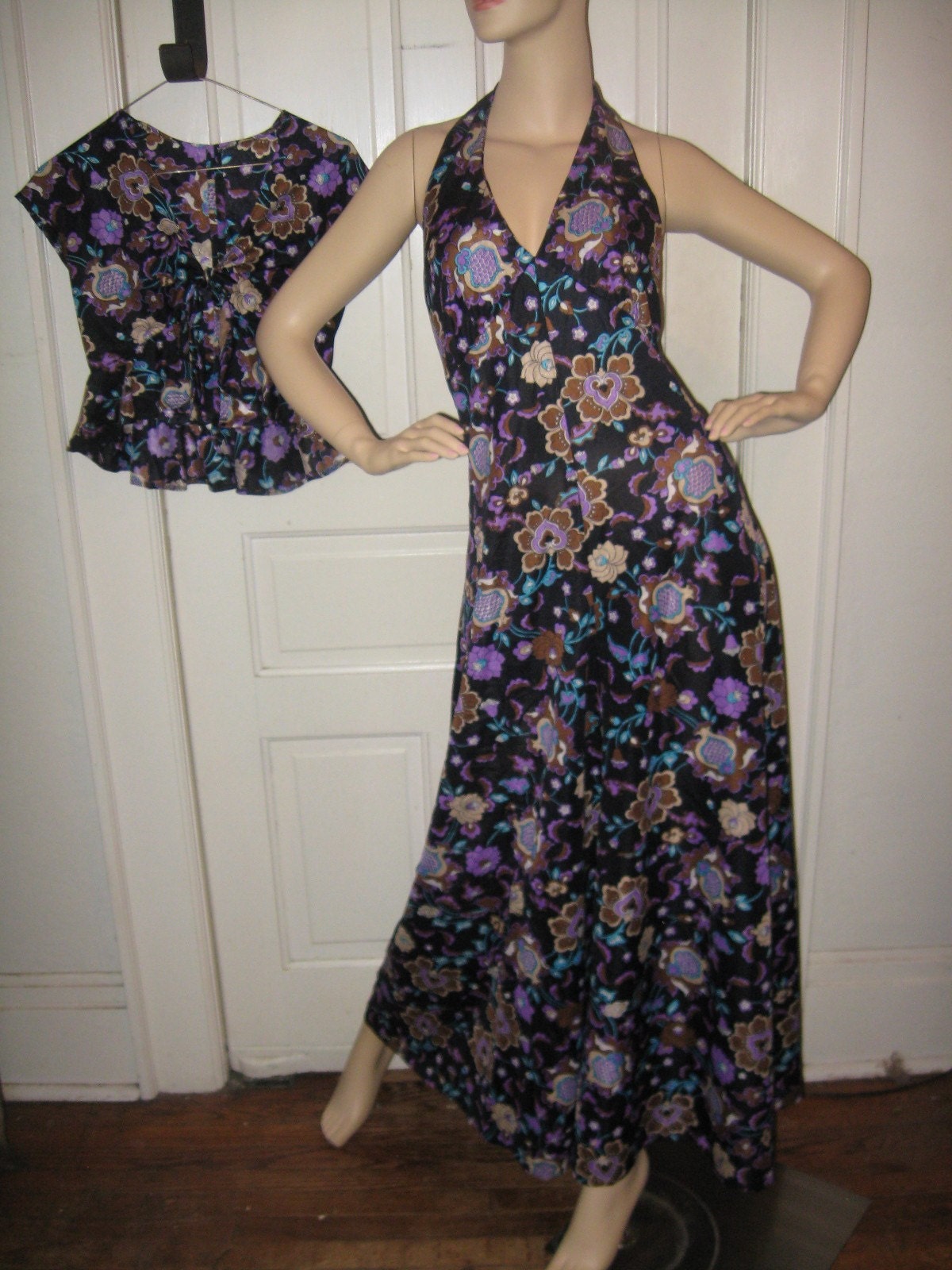 Vintage 1960s Halter Hippie Maxi Dress Ruffled Bolero Jacket