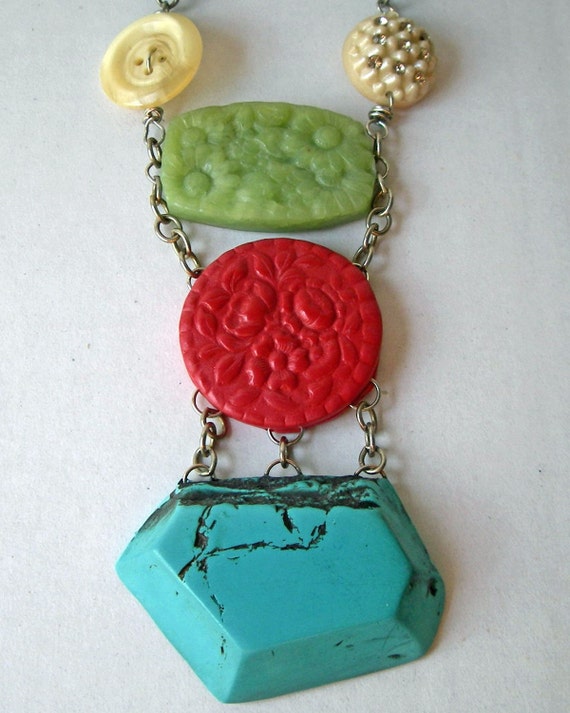 Bold Faux Turquoise, Jade, Cinnabar and Buttons Necklace